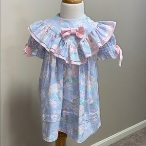 Vintage simi Floral Ruffle Dress with Pink Bow puff sleeves 2t